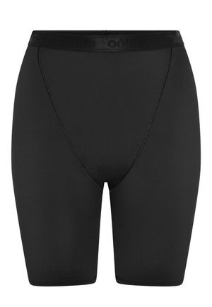 Musta urheilushortsit, joissa on sileä elastinen vyötärö, jossa on kohokuvioitu brändäys, keskitaihin saakka ulottuva pituus ja tyylikäs, vartalonmyötäinen muotoilu.