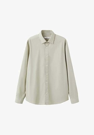 Vaalean khakinvärinen pitkähihainen paita, napitettava edessä, klassinen kaulus, sileä puuvillakangas, kalvosin hihat ja tasaisesti sijoitetut napit.