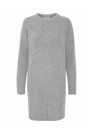 Sivý rebrovaný svetr šaty s dlhými rukávmi, okrúhlym výstrihom a textúrovanou tkaninou. Obsahuje rovný strih a dĺžku do polovice stehna.