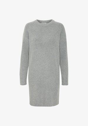 Sivý rebrovaný svetr šaty s dlhými rukávmi, okrúhlym výstrihom a textúrovanou tkaninou. Obsahuje rovný strih a dĺžku do polovice stehna.