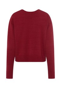 Roter gestrickter Pullover mit Rundhalsausschnitt, langen Ärmeln und gerippten Bündchen und Saum. Glatte Textur, cropped Design.