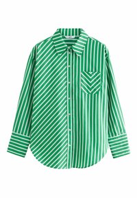 Zielono-biała w paski, długosleeve koszula zapinana na guziki, z ukośnymi paskami po lewej stronie i kieszonką w zygzakowaty wzór po prawej stronie.