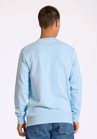 Ljusblå sweatshirt med långa ärmar, rund halsringning och ribbade muddar och nederkant. Mjuk tyg, enkel design och inga synliga mönster.