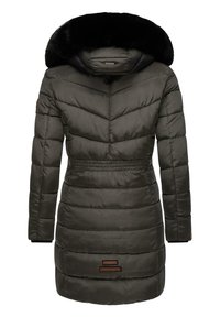 Padded long coat in dark green quilted material with a black faux fur hood, adjustable waist, and brown brand accents.