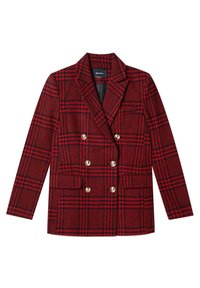 Rot-schwarz karierte, doppelt knöpfbare Blazerjacke mit goldenen Knöpfen, Reverskragen und zwei vorderen Taschen; strukturiertes Gewebe.