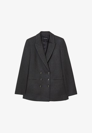 Blazer grigio scuro con design doppiopetto, rever a picco, due tasche frontali e cinque bottoni rotondi neri. Texture liscia.