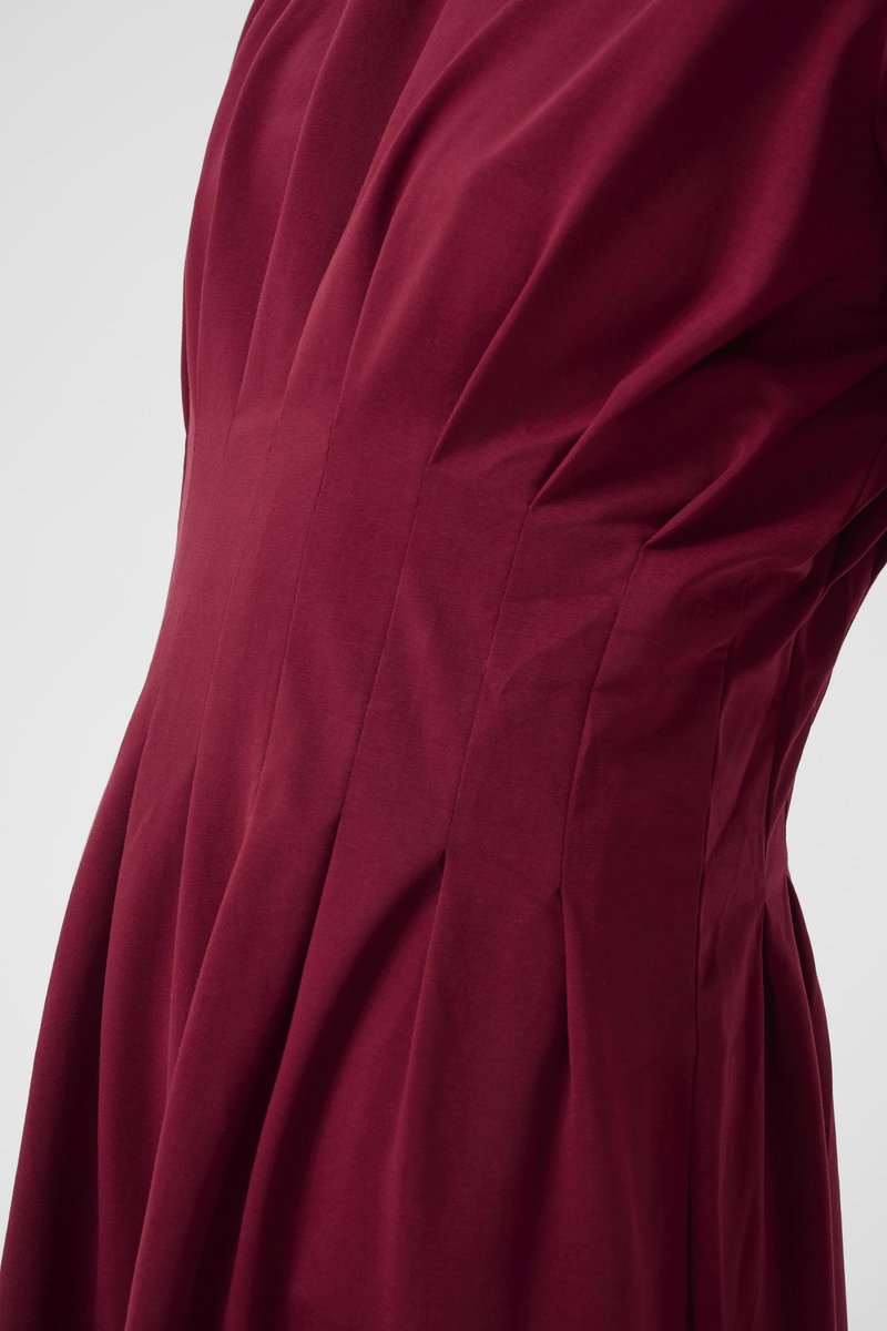 Robe bordeaux ajustée avec des coutures verticales et de légers plis créant une silhouette structurée et élégante.