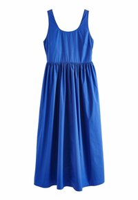 Blue sleeveless dress featuring a round neckline, gathered waist, and flowing silhouette, made from lightweight fabric with smooth texture.