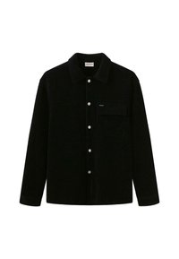 Černá dlouhá rukávová košilová košile s límcem a jednou náprsní kapsou, vyrobená z texturované látky.