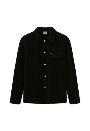 Camicia nera a maniche lunghe con bottoni, colletto e una tasca sul petto, realizzata in tessuto testurizzato.