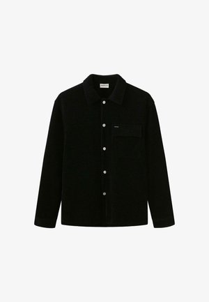 Camicia nera a maniche lunghe con bottoni, colletto e una tasca sul petto, realizzata in tessuto testurizzato.
