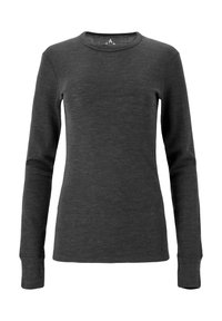 Langärmliger Pullover mit Rundhalsausschnitt in Dunkelgrau, aus weichem Stoff mit glatter Textur. Schlichtes Design, ohne Muster oder Verzierungen.