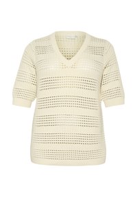 Pull en tricot crème avec un col en V, des manches courtes et un motif ajouré texturé comportant des rayures horizontales de tailles variées.