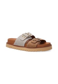 Sandaler med åbent tåparti, der har en lys grå og brun suede overdel med to justerbare stropper, guldfarvet hardware og en tan gummisål.
