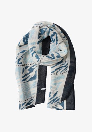 Schal aus strukturiertem, geripptem Material in Blau und Weiß mit abstrakten Mustern. Kanten in einfarbigem Marineblau. Mit Logo-Tag.