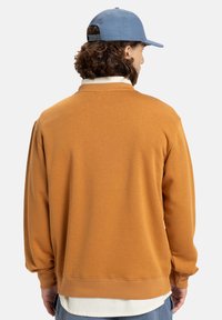 Brun sweatshirt lavet af blødt stof, med rund halsudskæring og ribbede mansjetter, set fra ryggen med en lyseblå kasket.