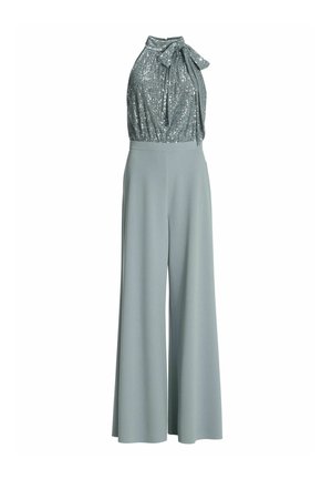 Tuta senza maniche con top a collo alto decorato con paillettes argento e pantaloni palazzo celeste chiaro, con fiocco annodato al collo.