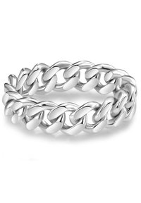 Srebrn prstan z debelo, medsebojno prepleteno verižico. Gladek, poliran površinski sloj in zaobljene povezave dajejo trden in teksturiran videz.