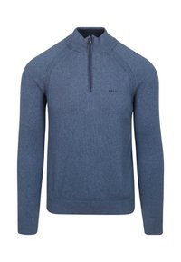 Heren langetermijn blauw gebreid sweater met hoge kraag en voorrits, geribbelde manchetten en zoom, subtiel logo op de linkerborst.