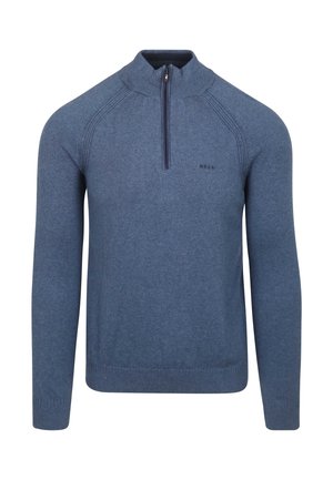 Pull-over en maille bleu à manches longues pour homme, avec col montant et fermeture éclair sur le devant, poignets et ourlet côtelés, logo discret sur la poitrine gauche.