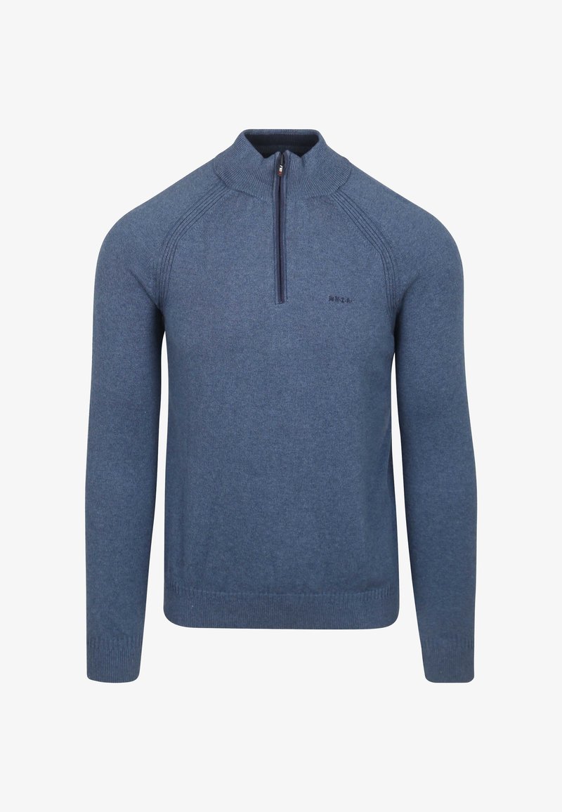 Heren langetermijn blauw gebreid sweater met hoge kraag en voorrits, geribbelde manchetten en zoom, subtiel logo op de linkerborst.