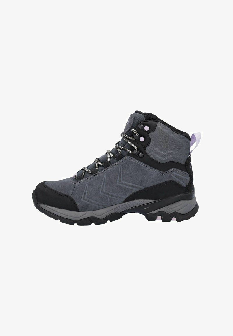 Gray mid-cut hiking boots featuring suede and synthetic materials, rugged outsole, gray laces, and pink accent on the heel.
