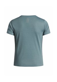 Camiseta de manga corta azul claro con rayas horizontales, escote redondo y un sutil detalle de diseño en la parte posterior. Tejido suave y elástico.