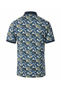 Kortærmet polo skjorte i bomuldsblanding, med navy krave, hvid bund og et gentaget mønster af grønne og blå tropiske blade.
