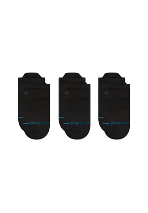 Black ankle socks with a textured finish, featuring a stitched logo and blue accent stripes on the cuffs. Three pairs displayed together.