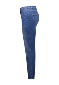 Jeans skinny en denim bleu foncé, avec une taille mi-haute, un design à cinq poches et un léger dégradé sur les jambes. Texture lisse, coupe ajustée.