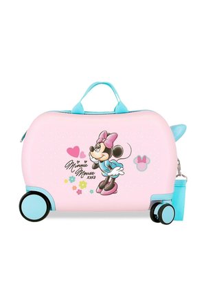 Maleta infantil rodante en rosa y azul con Minnie Mouse, flores, corazones y una correa de hombro desmontable.