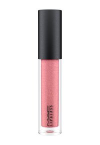Lipglass MAC in un tubetto trasparente con gloss rosa e luccicante; presenta un cappuccio nero; texture liscia; design leggero adatto all'uso cosmetico.