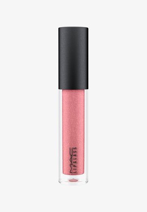 Lipglass MAC in un tubetto trasparente con gloss rosa e luccicante; presenta un cappuccio nero; texture liscia; design leggero adatto all'uso cosmetico.