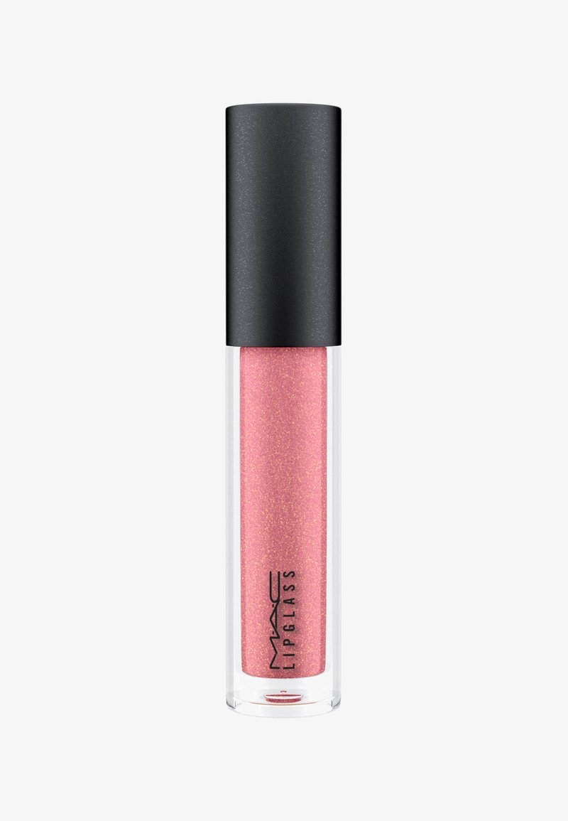 MAC Lipglass in een doorzichtige tube met roze, sprankelende gloss; heeft een zwarte dop; zachte textuur; lichtgewicht ontwerp geschikt voor cosmetisch gebruik.