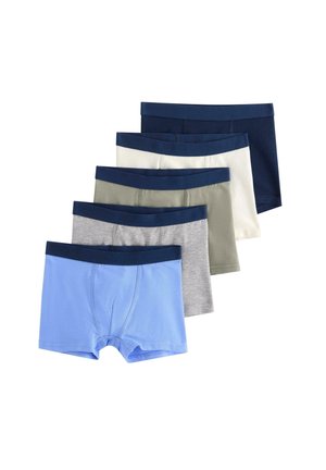 Vijf paren boxershort in lichtblauw, grijs, olijfgroen, wit en marineblauw, met een effen tailleband en een zachte stoftextuur.