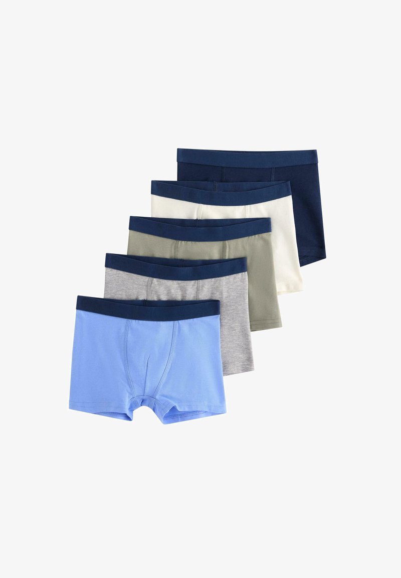 Cinq paires de boxers en bleu clair, gris, vert olive, blanc et marine, dotés d'une ceinture unie et d'une texture de tissu douce.