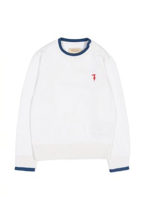Maglione bianco a maniche lunghe di maglia con rifiniture blu su collo e polsini, logo rosso sul petto e due bottoni sulla spalla sinistra.
