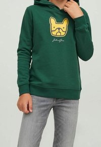 Groene hoodie van een katoenen mixstof, met een gele cartoonhondafbeelding op de voorkant en ribgebreide manchetten en zoom.