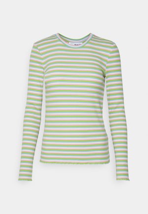 Long-sleeve ribbed knit top with horizontal stripes in pastel green, pink, white, and blue, with a round neckline.