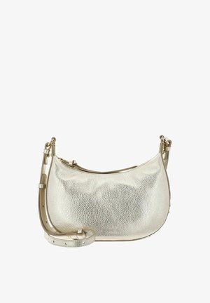 Kleine metalen gouden leren crossbodytas met verstelbare riem en ritssluiting, getextureerd oppervlak, halvemaanvorm.