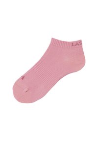 Light pink ankle sock with ribbed texture and a basic design. Features a small brand name logo near the cuff in a matching color.