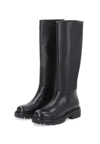 Bottes en cuir noires montantes avec une texture lisse, bout arrondi et semelle en caoutchouc épaisse dotée d'un motif de traction.