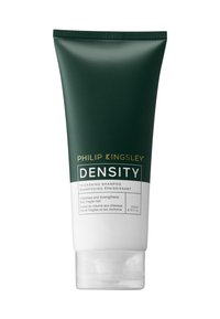 Tubo squeeze verde di shampoo addensante Density di Philip Kingsley. Presenta un'etichetta bianca con il nome del prodotto e la descrizione, capacità di 200 ml.