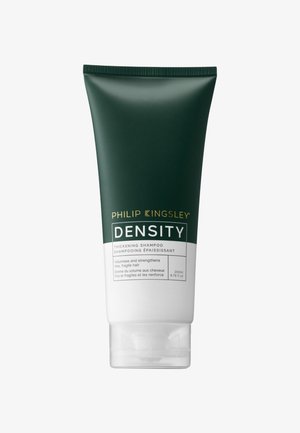 Tubo squeeze verde di shampoo addensante Density di Philip Kingsley. Presenta un'etichetta bianca con il nome del prodotto e la descrizione, capacità di 200 ml.