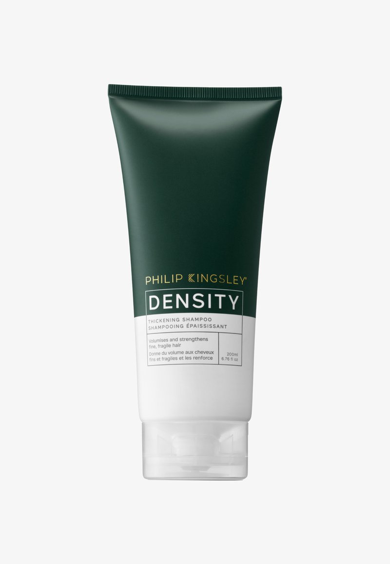 Grüne Quetschflasche mit Philip Kingsley Density Verdichtungsshampoo. Enthält ein weißes Etikett mit Produktname und Beschreibung, 200 ml Fassungsvermögen.