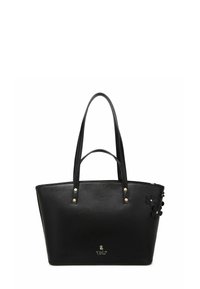 Černá kabelka z hladkého syntetického materiálu, s dvěma dlouhými uchy, zlatým kováním a květinovými ozdobami na jedné straně.