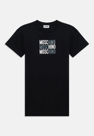 Black short-sleeve T-shirt with "MOSCHINO" repeated three times in white and metallic letters on the chest.