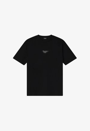 T-shirt di cotone nero con scollo rotondo e maniche corte, caratterizzato da una piccola stampa grafica bianca sul petto.