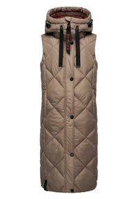 Veste sans manches matelassée en taupe avec un col montant, des boutons à l'avant et des cordons noirs. Présente une texture lisse et brillante.