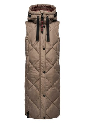 Quilted sleeveless vest in taupe with a high collar, front buttons, and black drawstrings. Features a smooth, shiny texture.